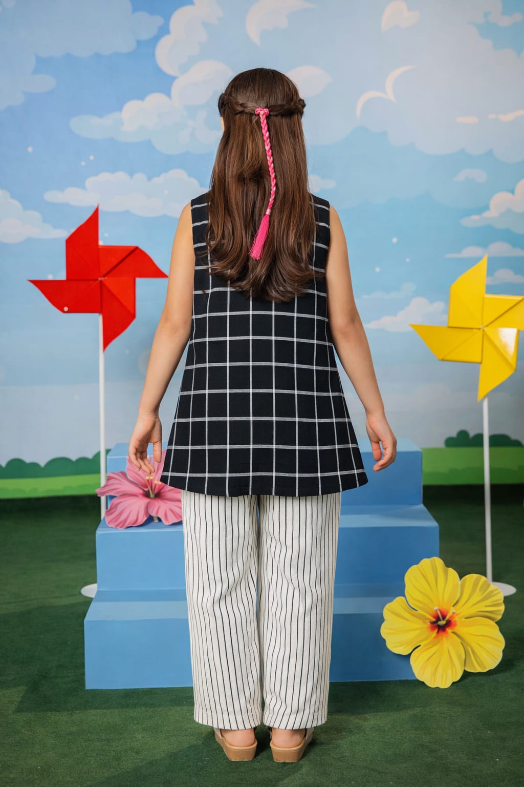 Black Checkered Girls Tunic Set with Striped Pants – Soft Cotton Fabric