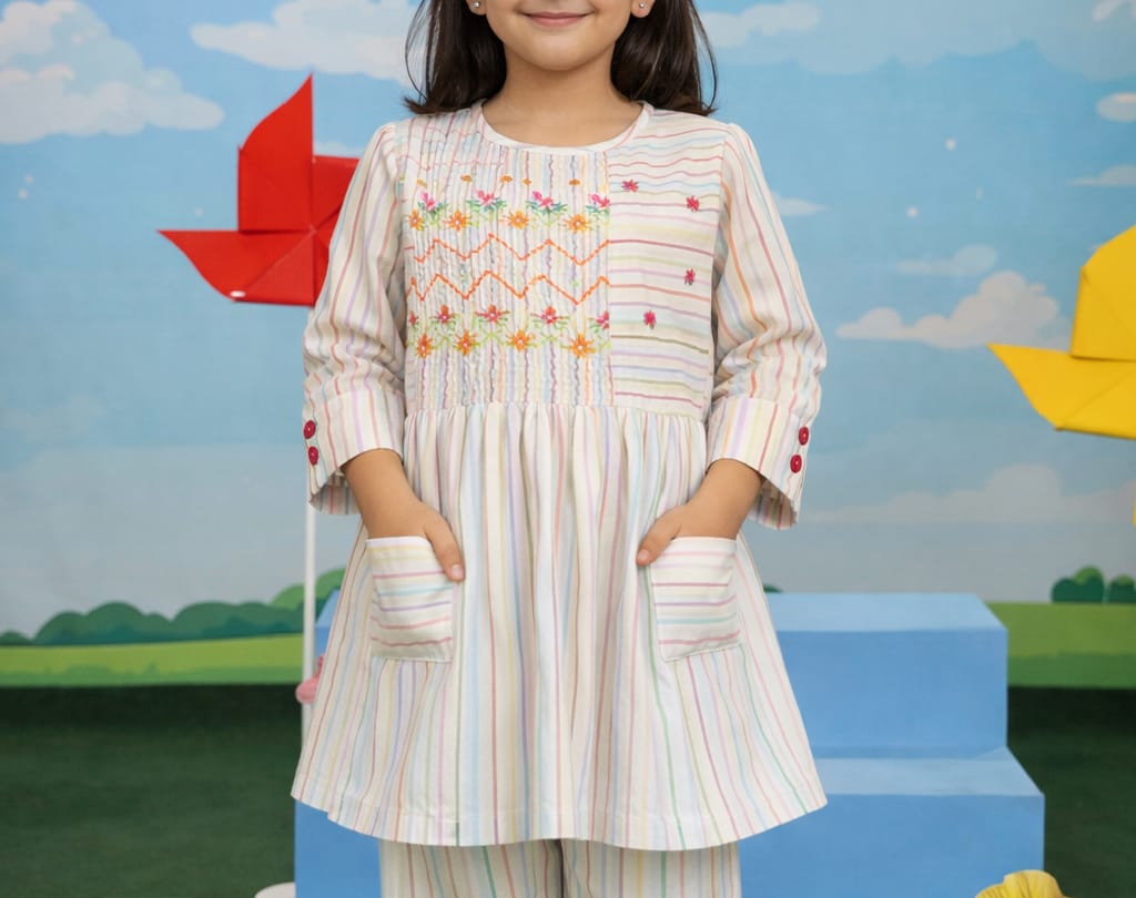 Pastel Striped Girls Kurta Set with Embroidery – Soft Cotton Fabric
