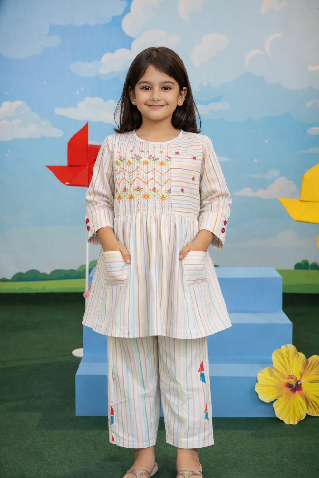 Pastel Striped Girls Kurta Set with Embroidery – Soft Cotton Fabric