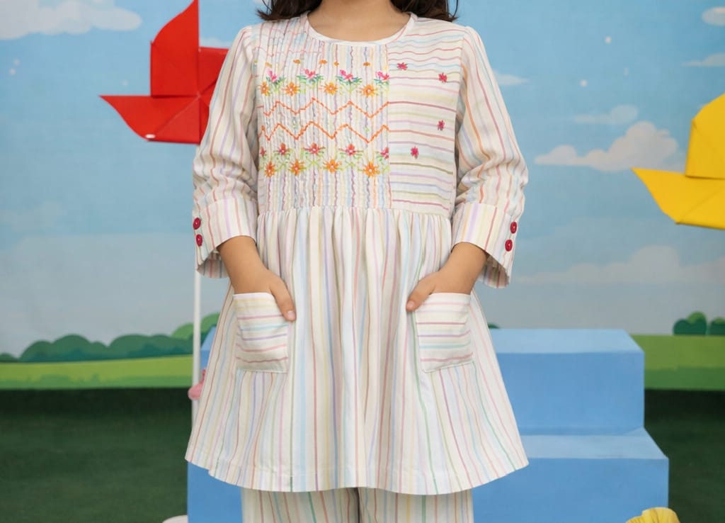 Pastel Striped Girls Kurta Set with Embroidery – Soft Cotton Fabric