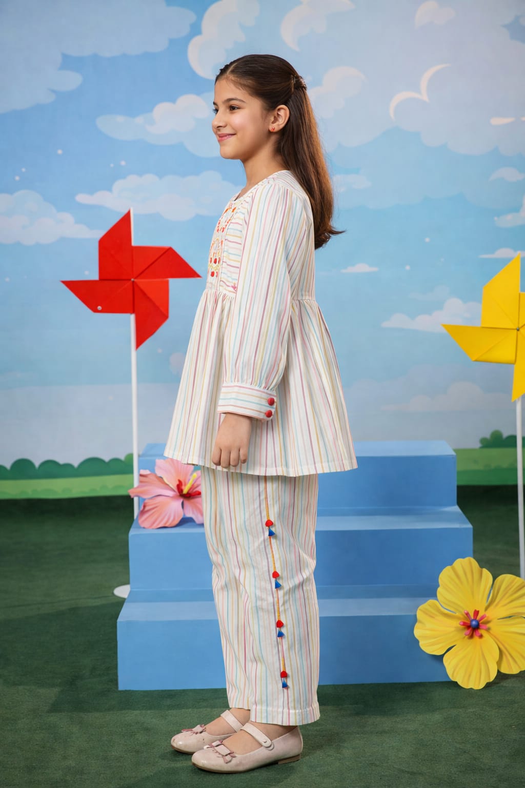 Pastel Striped Girls Kurta Set with Embroidery – Soft Cotton Fabric
