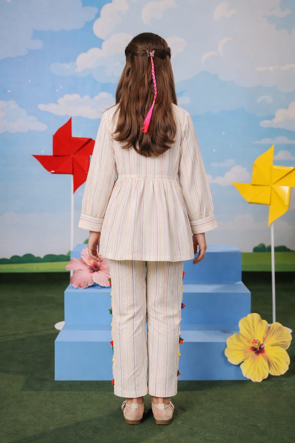 Pastel Striped Girls Kurta Set with Embroidery – Soft Cotton Fabric