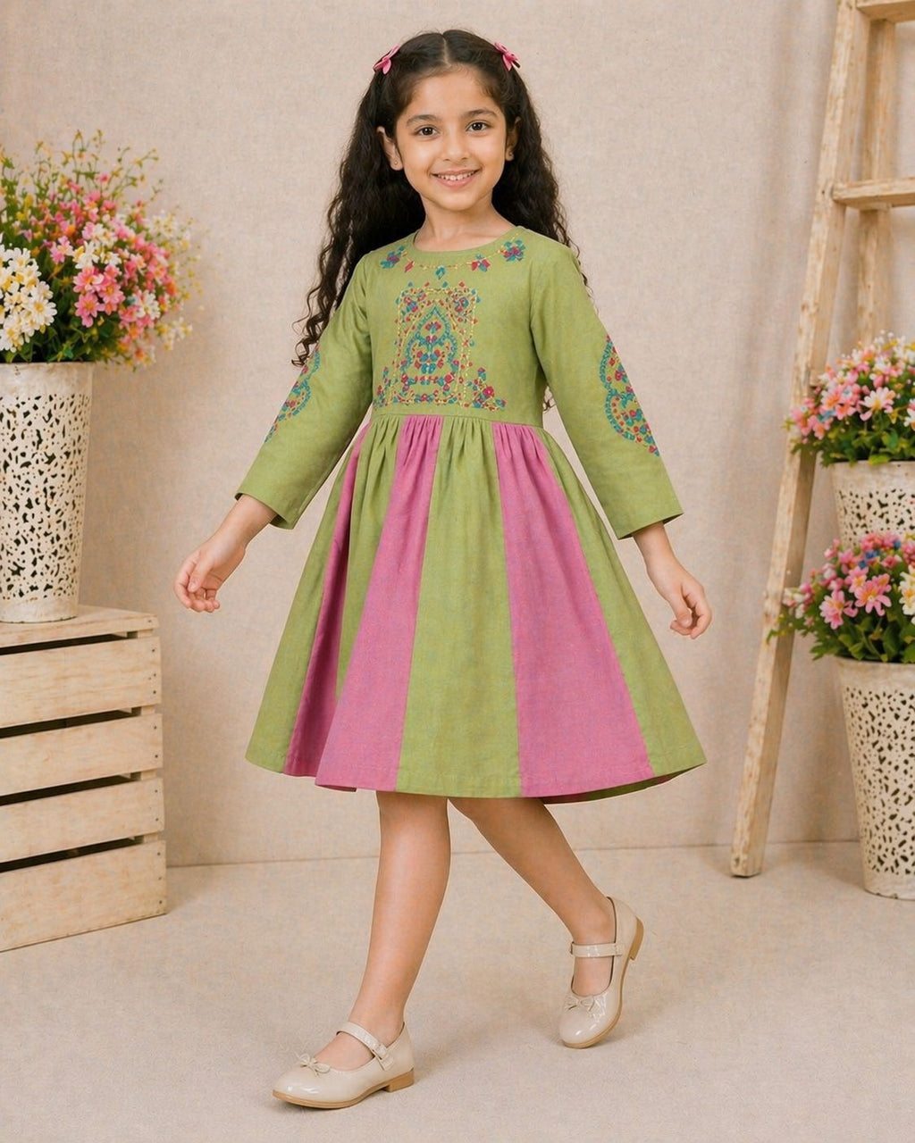 Embroidered Fit & Flare Girls Dress