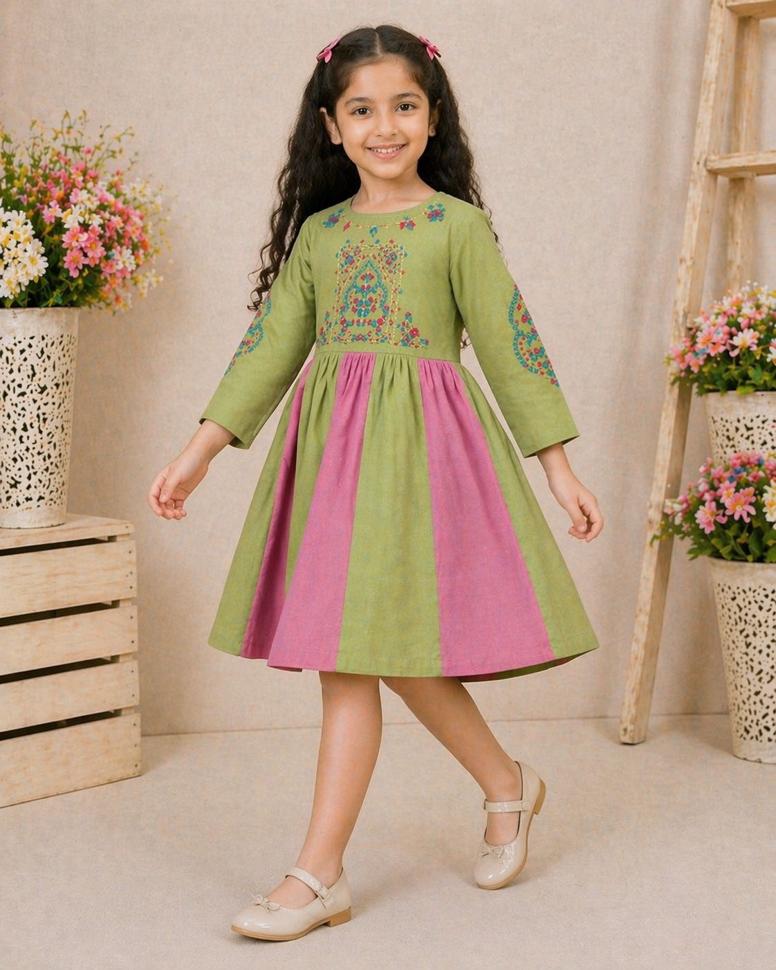 Embroidered Fit & Flare Girls Dress