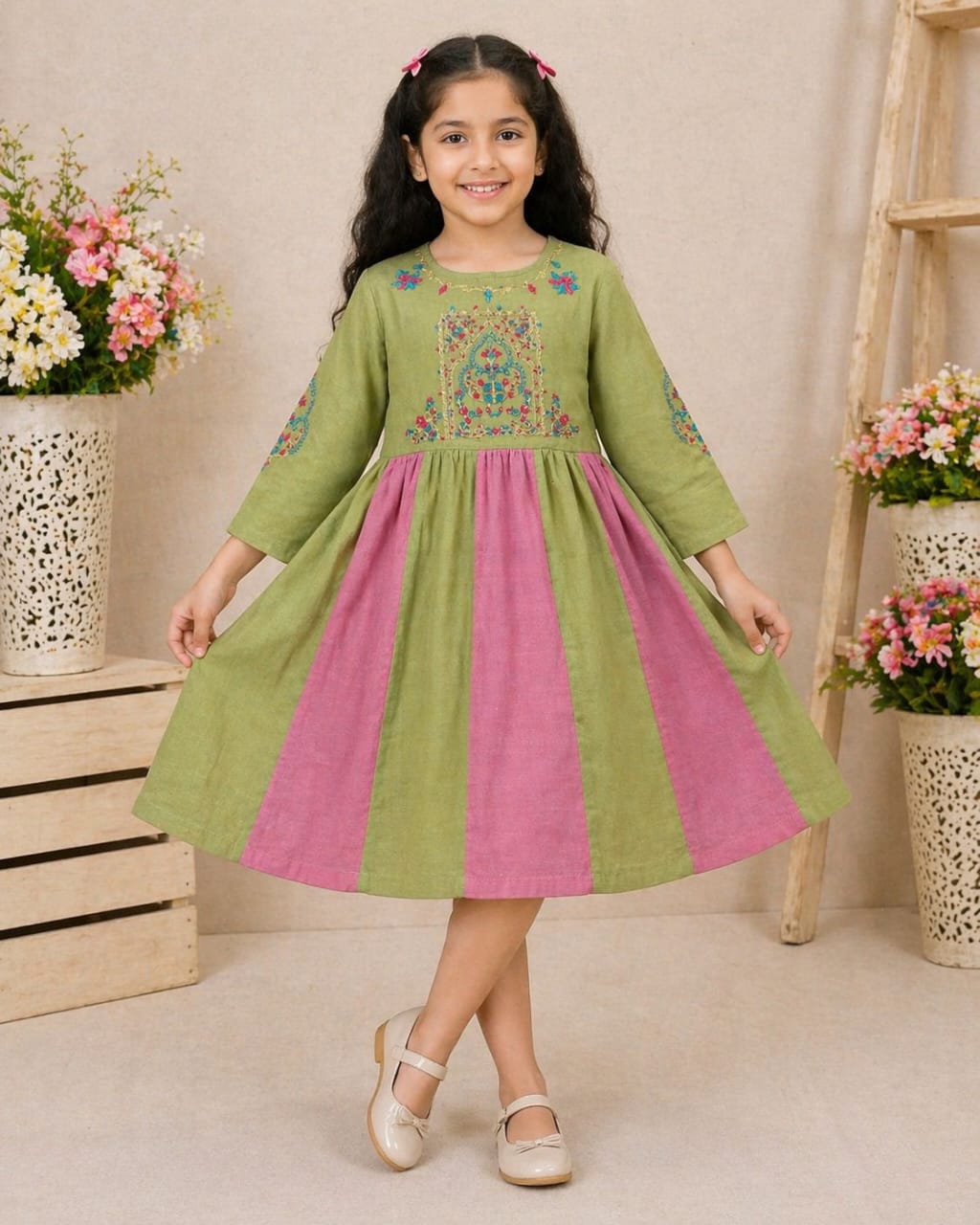 Embroidered Fit & Flare Girls Dress
