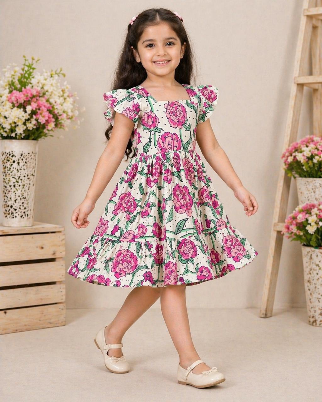 Floral Print Girls Dress – Ruffle Sleeve Fit & Flare Frock