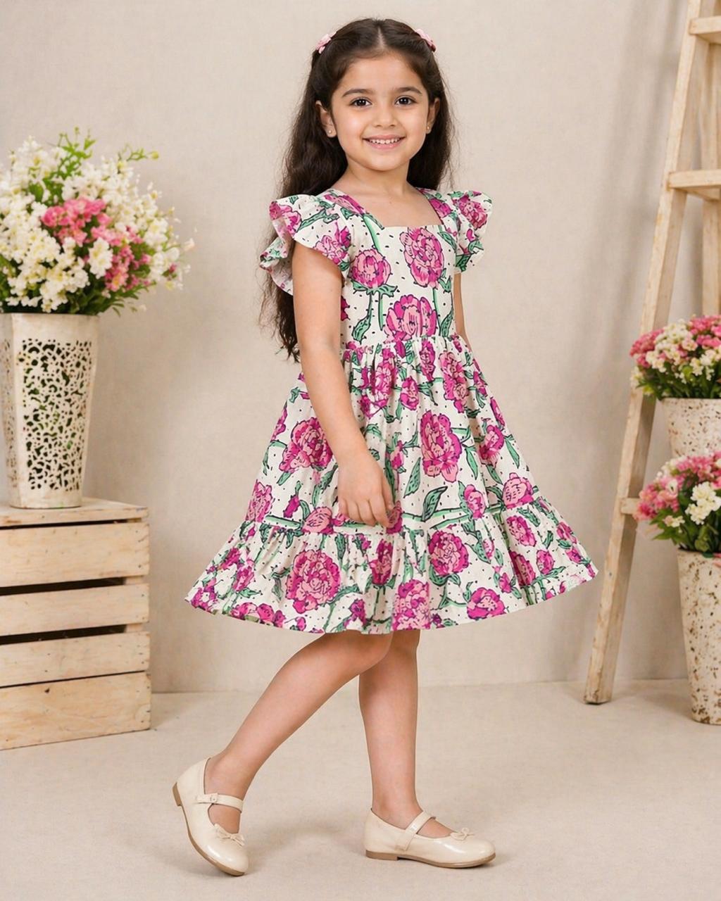 Floral Print Girls Dress – Ruffle Sleeve Fit & Flare Frock