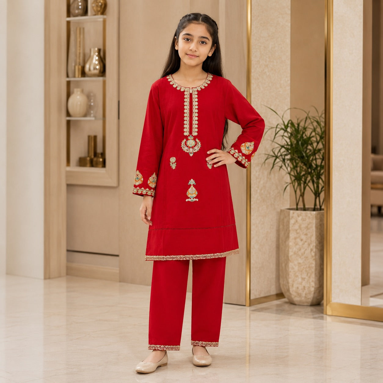 Girls Elegant Red Embroidered Suit