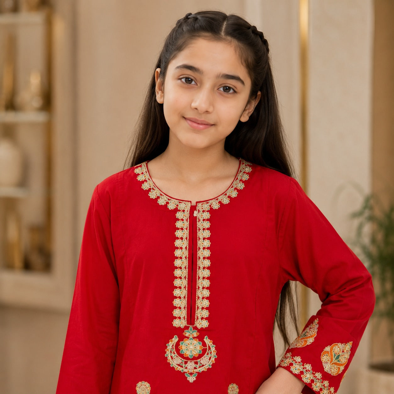 Girls Elegant Red Embroidered Suit