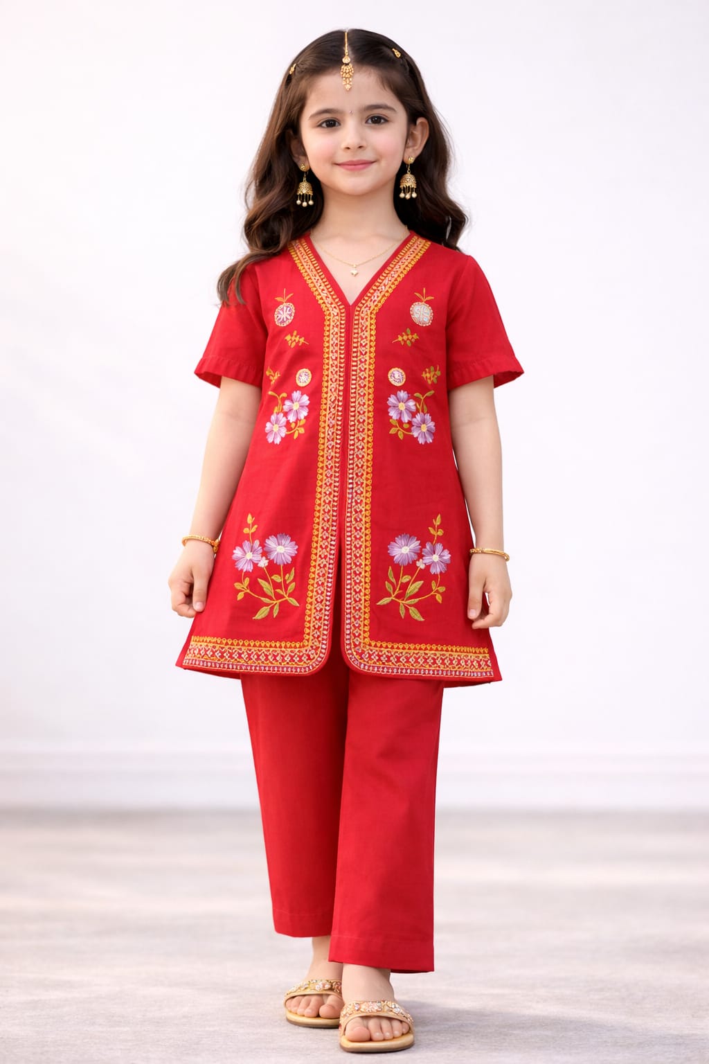 Elegant Green Embroidered Kids Cotton Two-Piece Outfit Article # Ts707