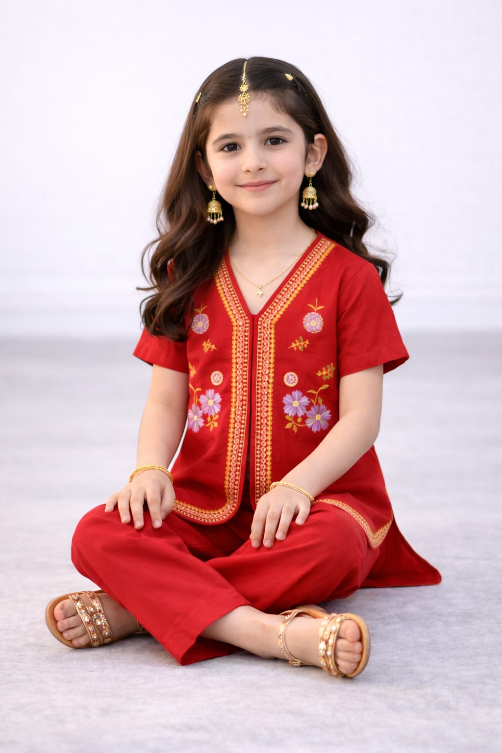 Elegant Green Embroidered Kids Cotton Two-Piece Outfit Article # Ts707