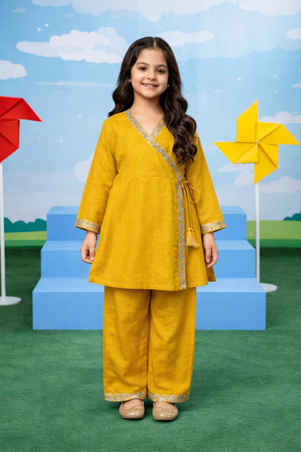 Mustard Wrap Style Girls Kurta Set – Soft Cotton Fabric