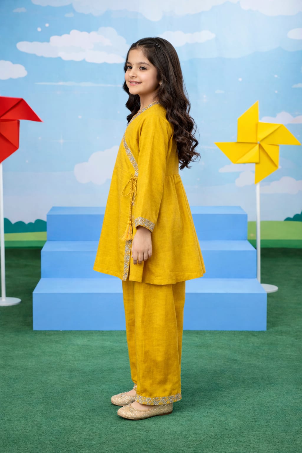 Mustard Wrap Style Girls Kurta Set – Soft Cotton Fabric