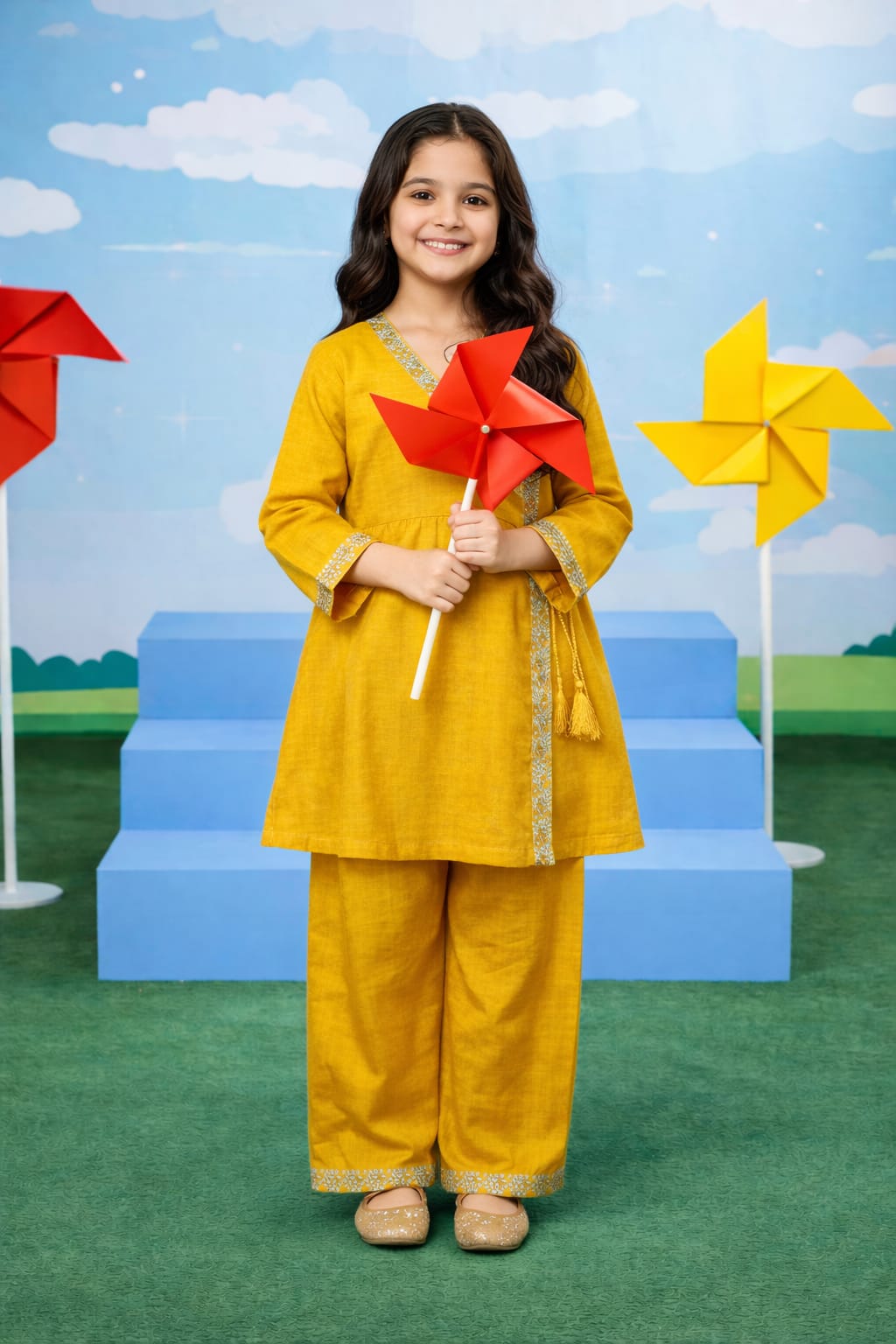 Mustard Wrap Style Girls Kurta Set – Soft Cotton Fabric