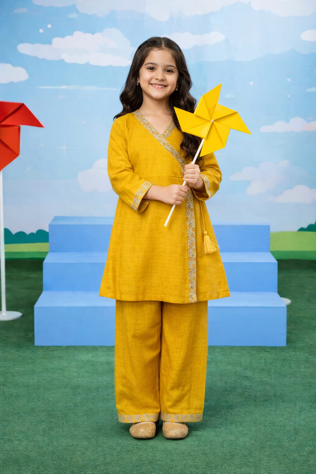 Mustard Wrap Style Girls Kurta Set – Soft Cotton Fabric