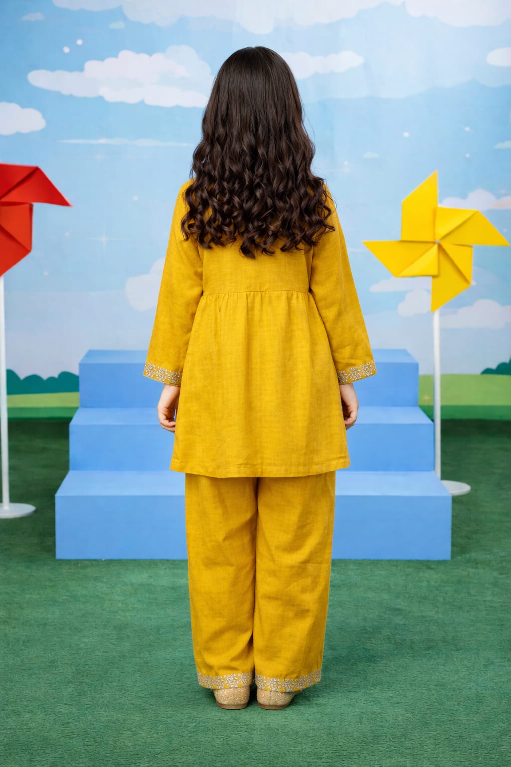 Mustard Wrap Style Girls Kurta Set – Soft Cotton Fabric