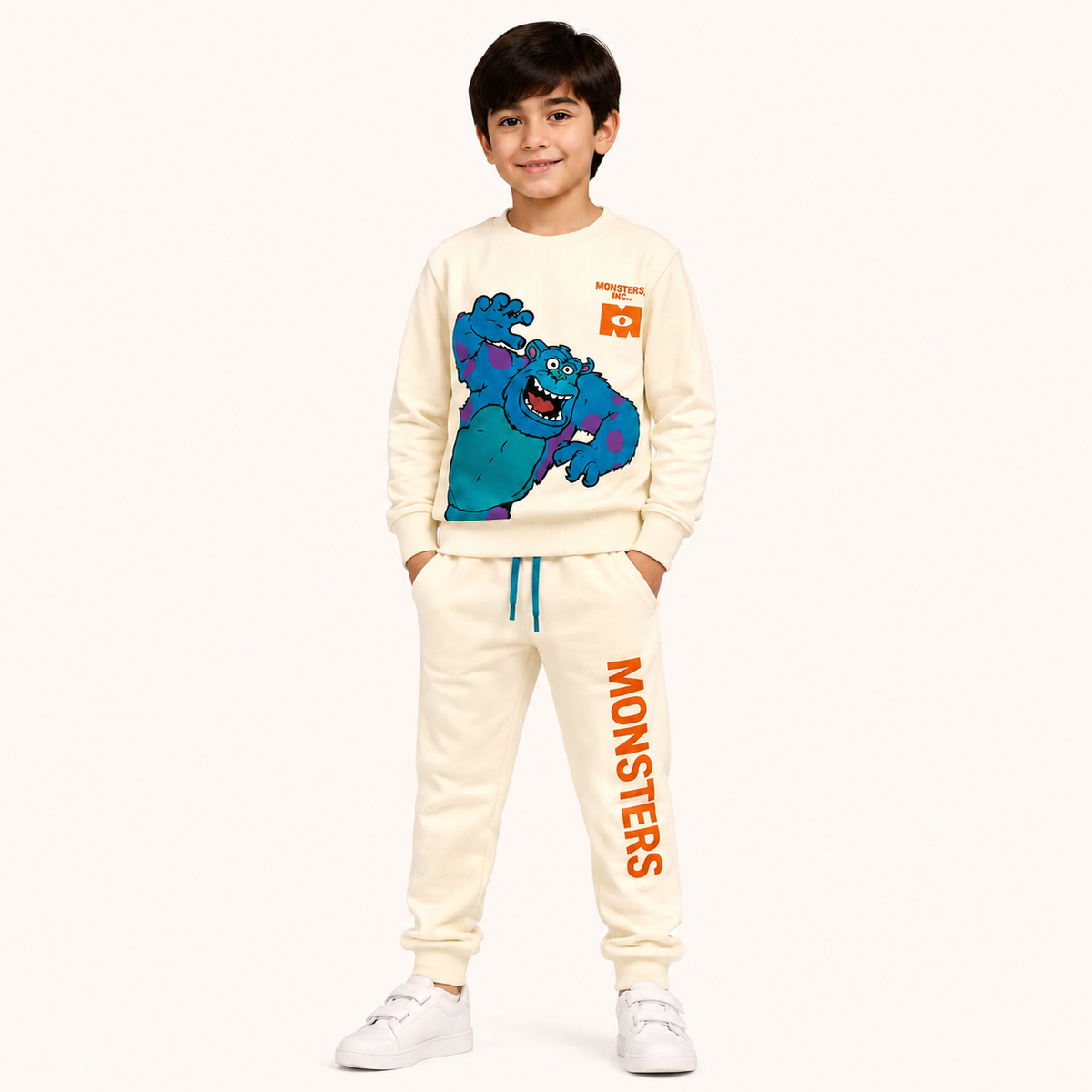 Boys cream winter tracksuit with monster graphic sweatshirt and jogger trousers