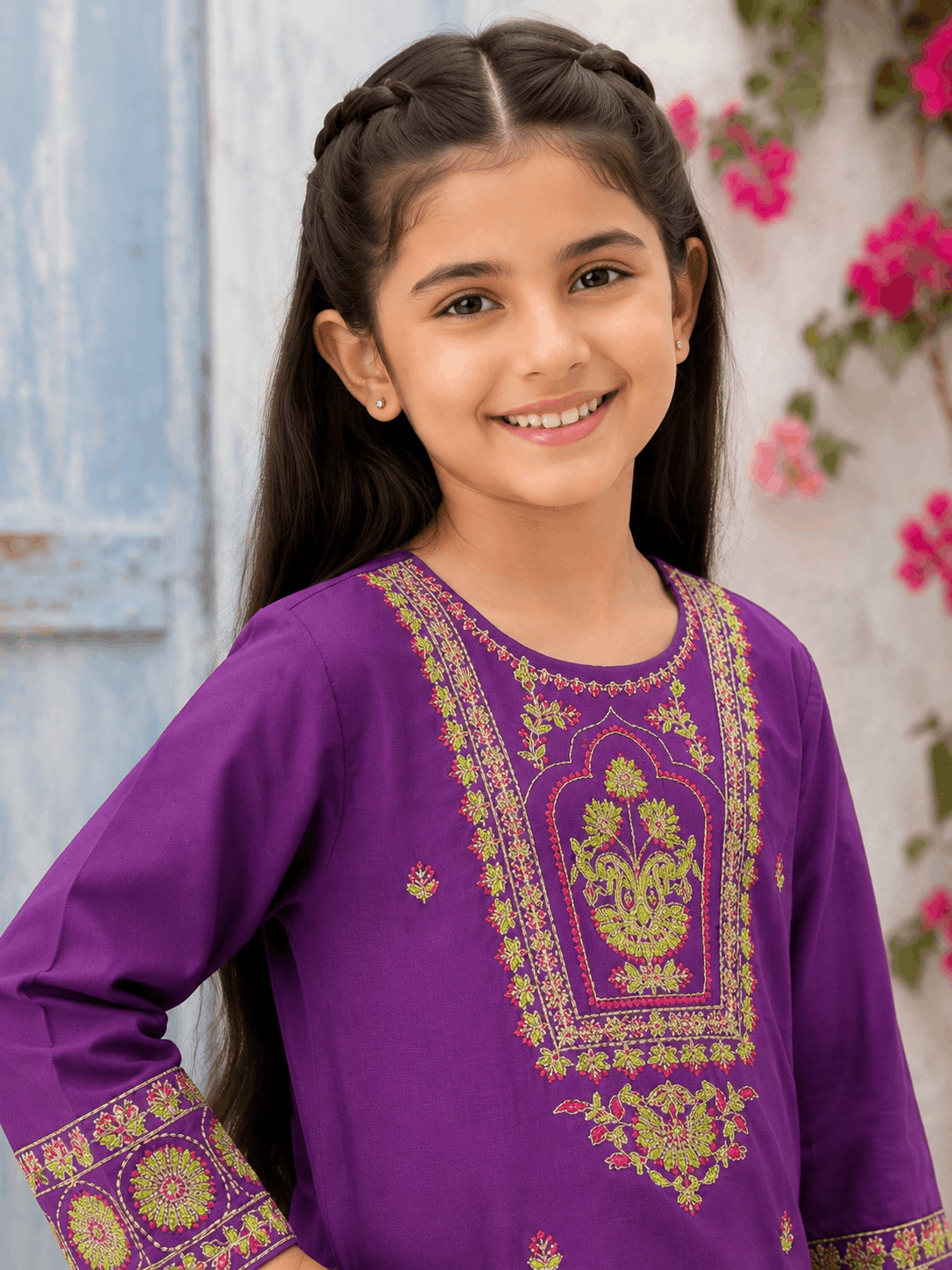 Girls Vibrant Embroidered Matching Suit Set