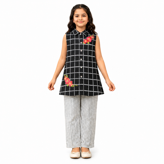 Black and white checkered embroidered sleeveless co-ord set for girls with striped trousers