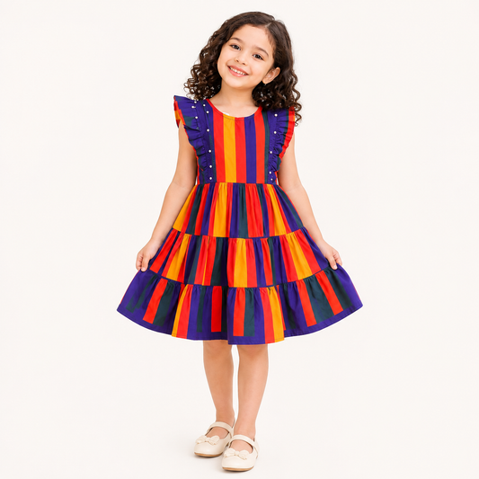 Close-up of Girls Colorful Striped Cotton Dress with ruffle sleeves and pearl detailing by Tiny Soul Pakistan