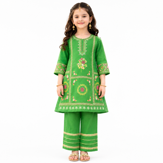 Girls Green Embroidered Cotton Suit for Kids – Tiny Soul