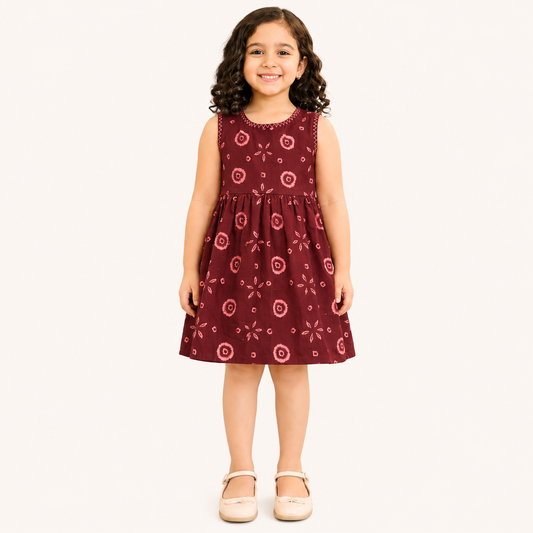 Close-up of Girls Maroon Printed Cotton Sleeveless Dress with pink floral print by Tiny Soul Pakistan