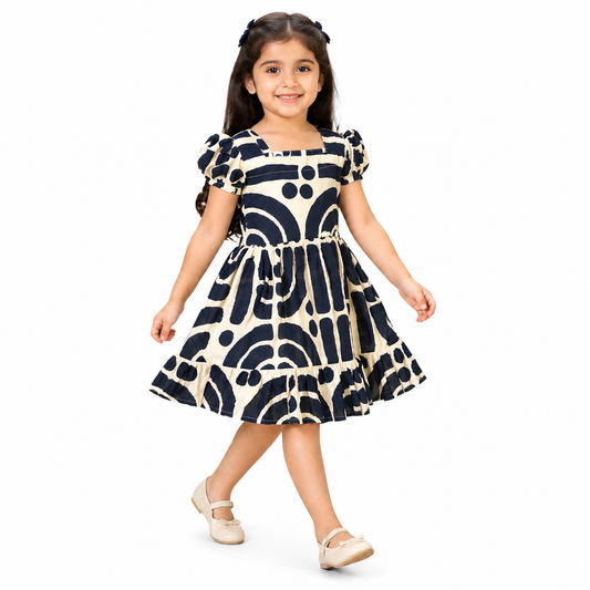 Girls Navy Blue & Cream Printed Cotton Frock Dress by Tiny Soul