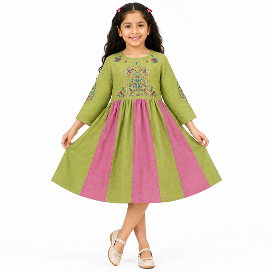 Girls Olive Green and Pink Embroidered Cotton Frock Dress by Tiny Soul