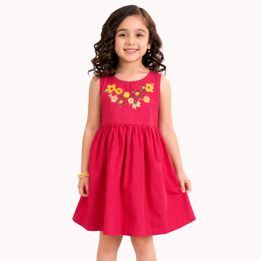 Close-up of Girls Pink Floral Embroidered Cotton Sleeveless Frock by Tiny Soul Pakistan
