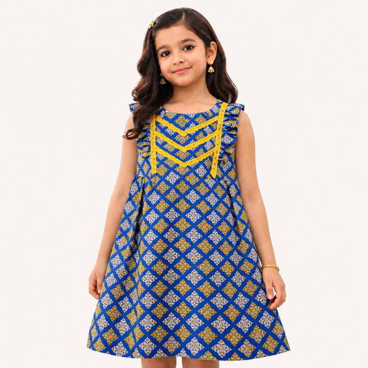 Royal Blue Printed Cotton Frock with Yellow Lace for Girls – Stylish Kids Summer Dress