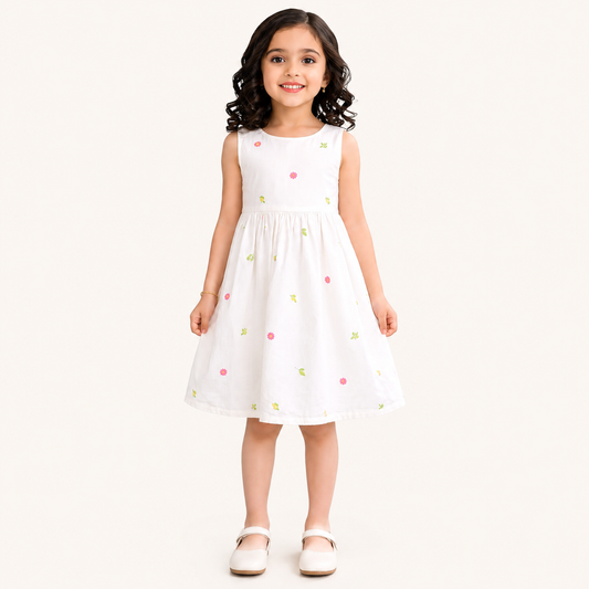 Close-up of Girls White Floral Embroidered Cotton Frock featuring delicate floral embroidery by Tiny Soul Pakistan
