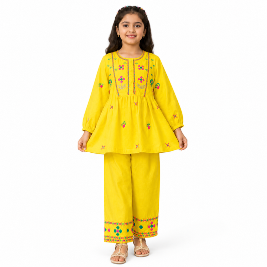 Girls Yellow Embroidered Cotton Co-Ord Set for Kids by Tiny Soul Pakistan