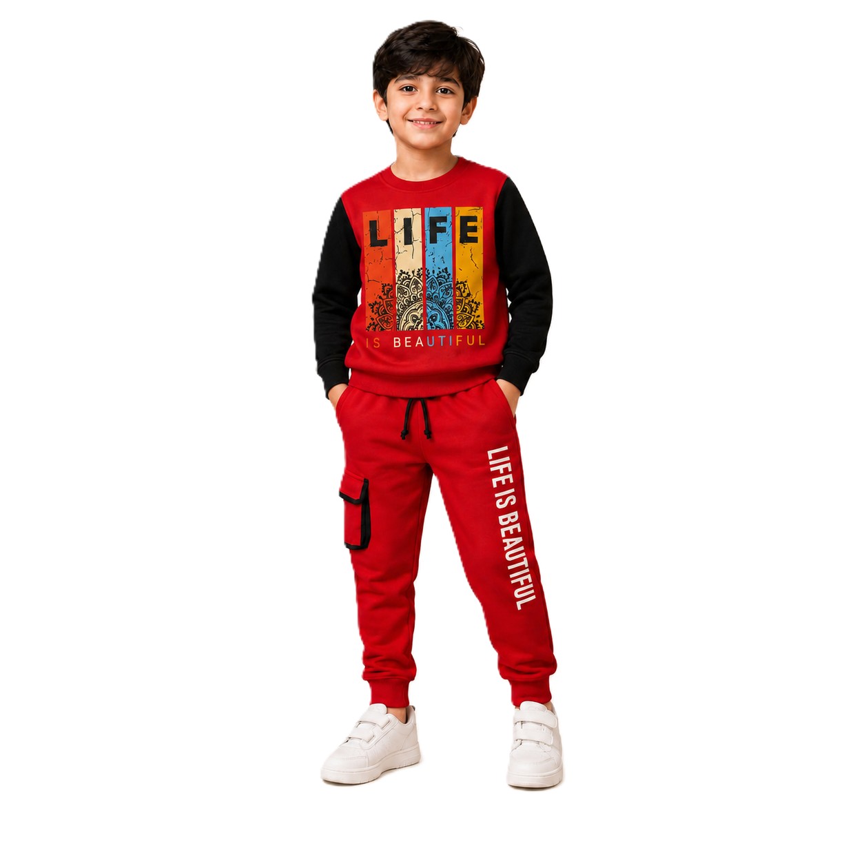 TinySoul Boys Life Is Beautiful Track Suit – Black & Red Cotton Fleece